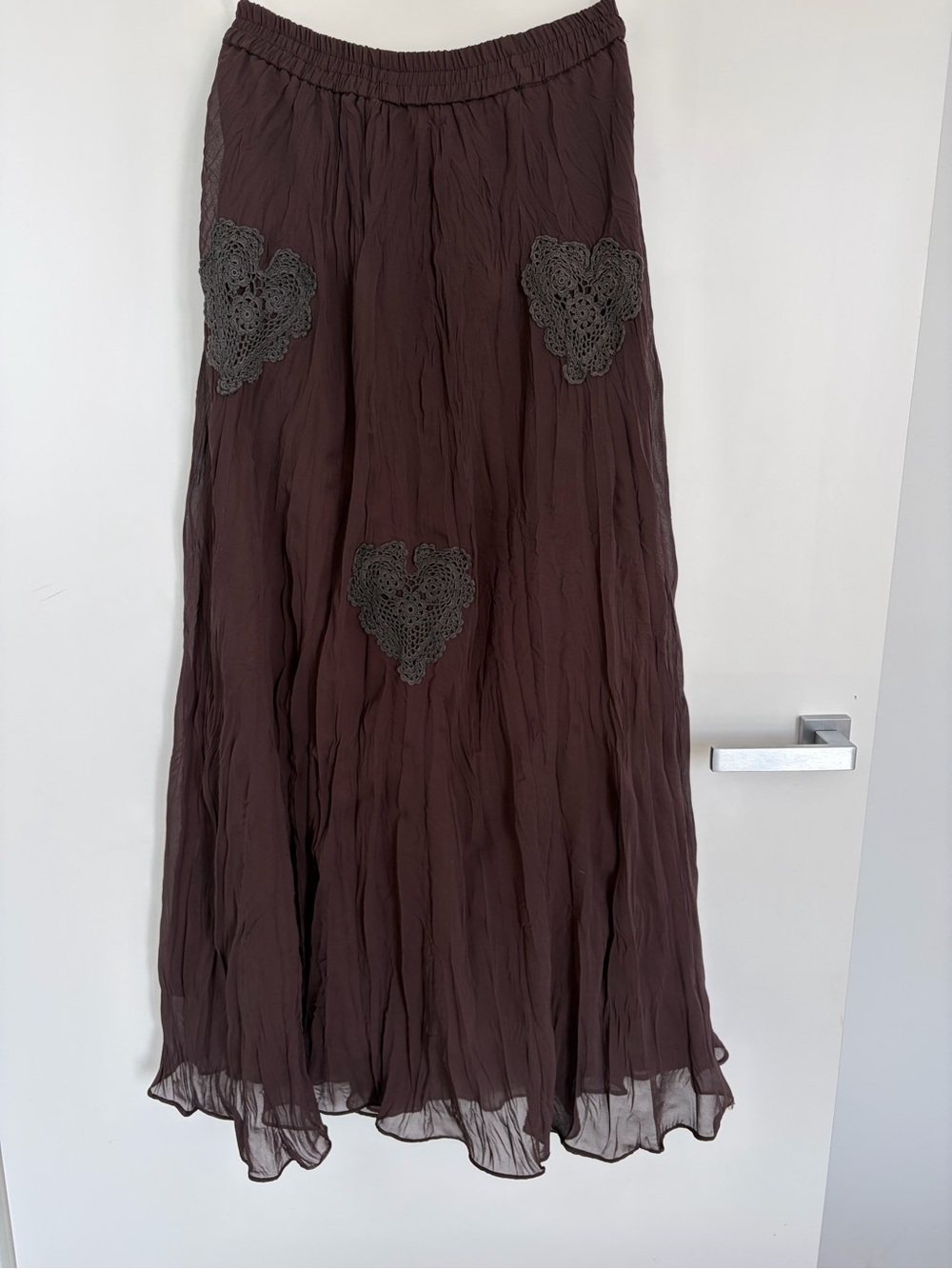 Vintage Brown‎ Maxi Skirt with Crochet hearts flowy fairy grunge whimsigoth